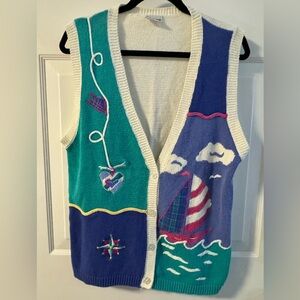 VTG Nautical Knit Button Up Vest Grannycore Coastal Sailboat Colorful Koret 90s